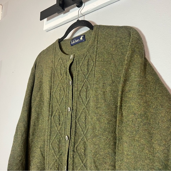 Tulchan Olive Green Wool Cardigan Sweater Size Large Flaw Silver Buttons - Picture 1 of 10